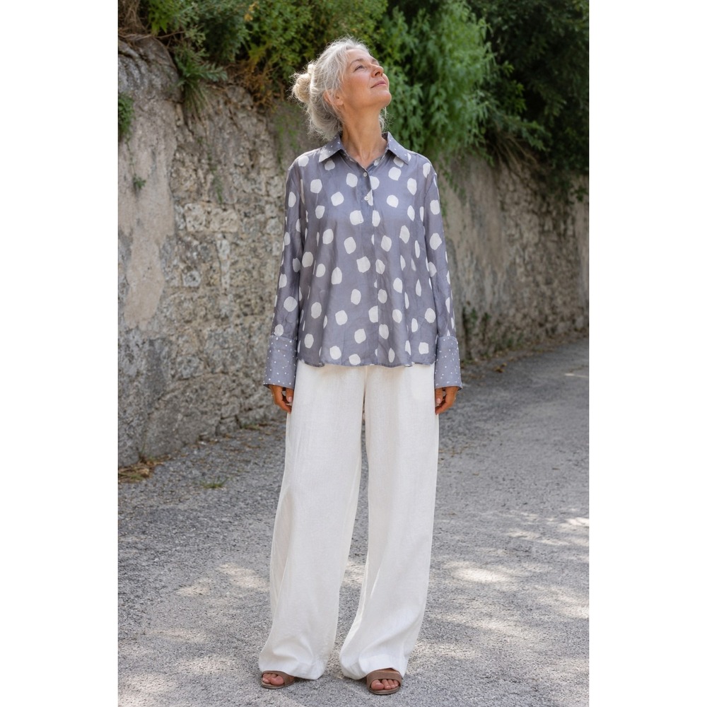 Womens Large Sheer Polka Dot Blouse Gray Long‎ Sleeve Collared Top Lightweight